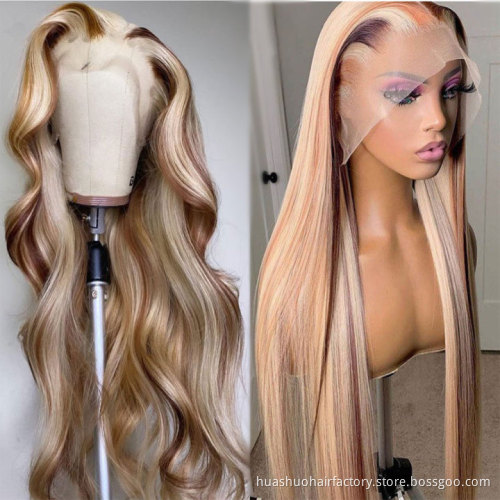 Straight 613 Blonde Highlight Brown Lace Frontal Wigs Glueless HD Transparent Full Pre Plucked Human Hair Wigs For Women